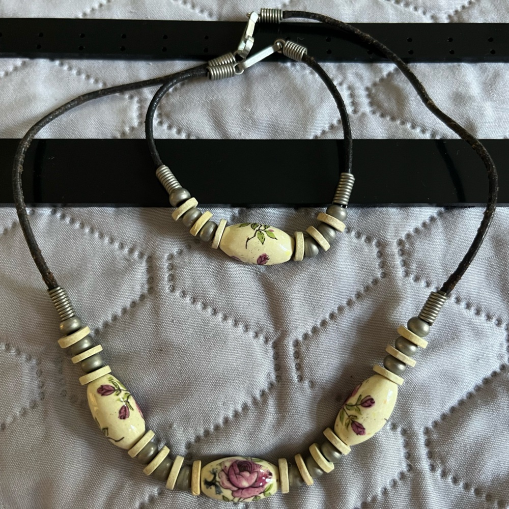 Floral Beaded Necklace and Bracelet Set